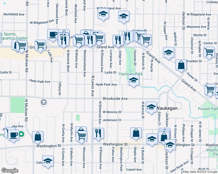 map of restaurants, bars, coffee shops, grocery stores, and more near 1719 Hyde Park Avenue in Waukegan