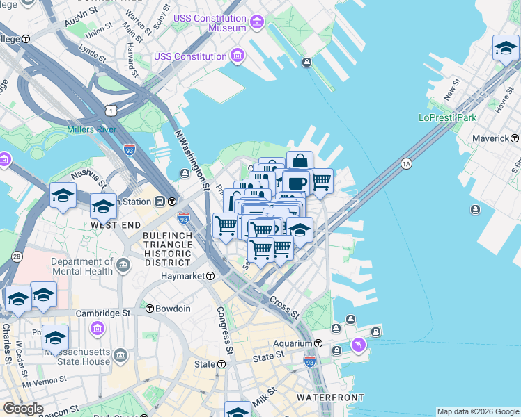 map of restaurants, bars, coffee shops, grocery stores, and more near in Boston