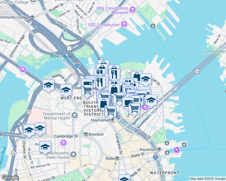 map of restaurants, bars, coffee shops, grocery stores, and more near 7 Endicott Court in Boston