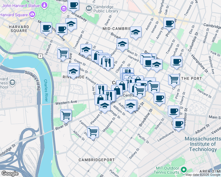 map of restaurants, bars, coffee shops, grocery stores, and more near 345 Franklin Street in Cambridge