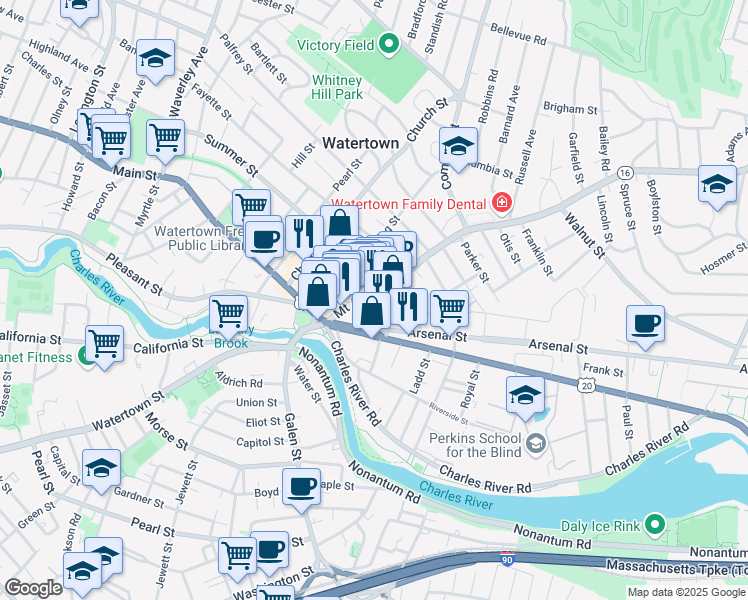 map of restaurants, bars, coffee shops, grocery stores, and more near 39 Mount Auburn Street in Watertown