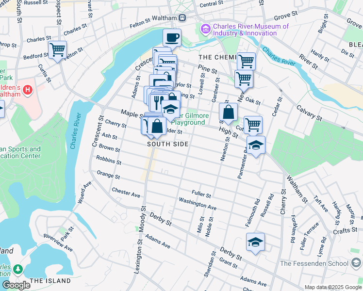 map of restaurants, bars, coffee shops, grocery stores, and more near 47 Myrtle Street in Waltham
