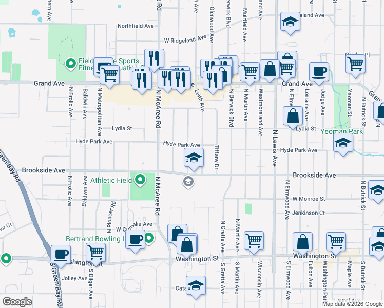 map of restaurants, bars, coffee shops, grocery stores, and more near 415 Lynn Terrace in Waukegan