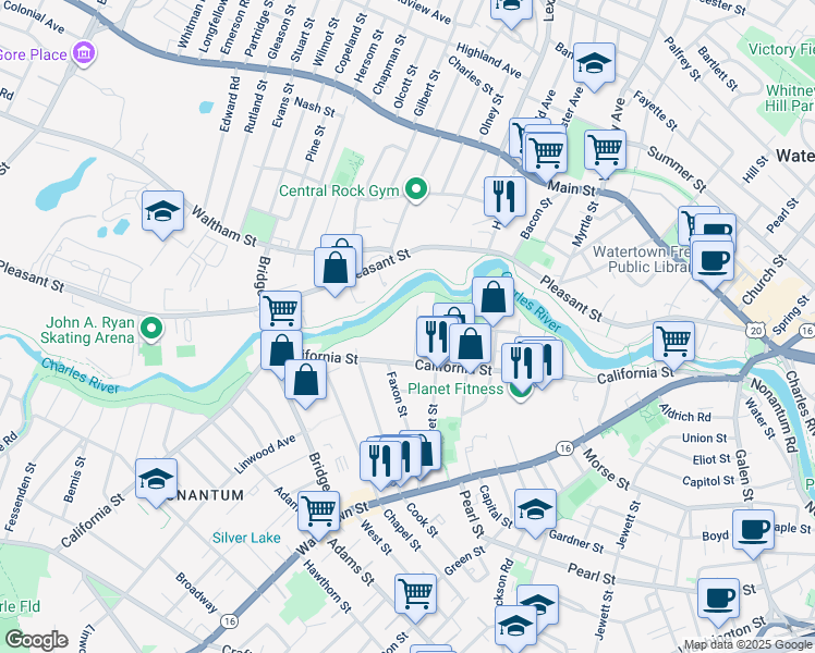 map of restaurants, bars, coffee shops, grocery stores, and more near 31 Rustic Street in Newton