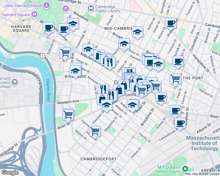 map of restaurants, bars, coffee shops, grocery stores, and more near 345 Franklin Street in Cambridge