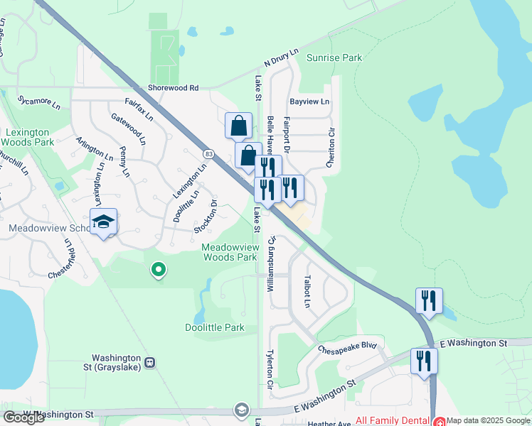 map of restaurants, bars, coffee shops, grocery stores, and more near 1278 North Illinois 83 in Grayslake