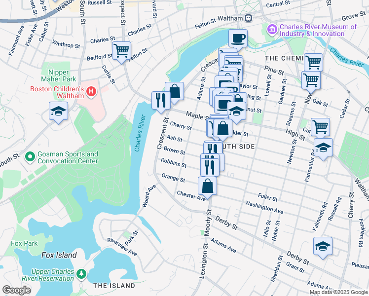 map of restaurants, bars, coffee shops, grocery stores, and more near 149 Adams Street in Waltham