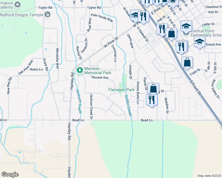 map of restaurants, bars, coffee shops, grocery stores, and more near 117 Justin Court in Central Point