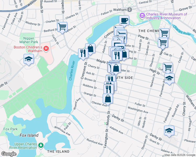 map of restaurants, bars, coffee shops, grocery stores, and more near 149 Adams Street in Waltham
