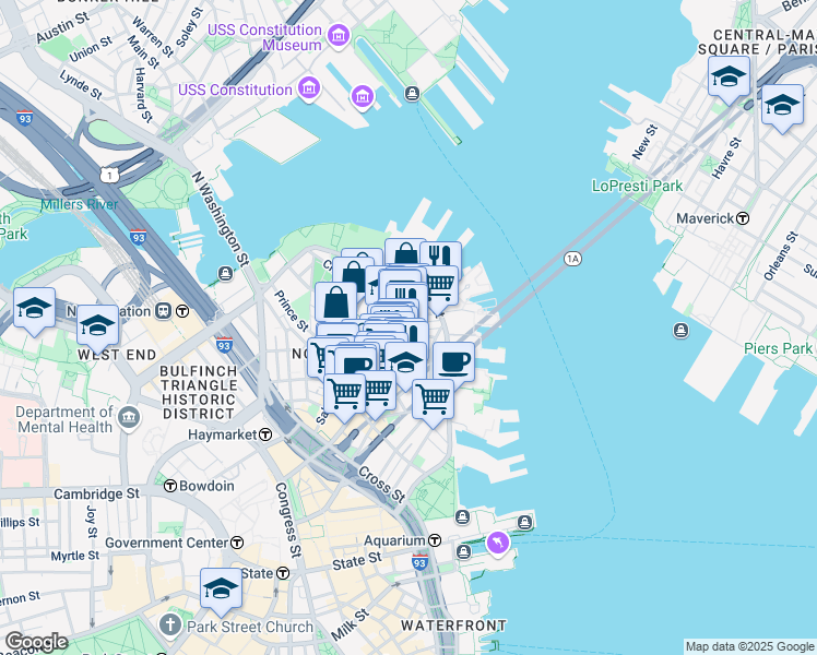 map of restaurants, bars, coffee shops, grocery stores, and more near 7 Powers Court in Boston