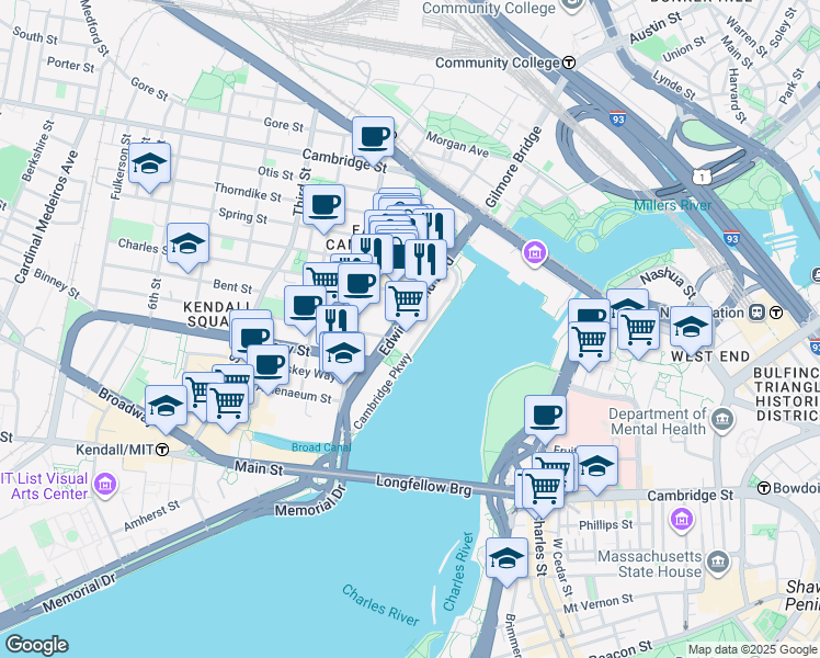 map of restaurants, bars, coffee shops, grocery stores, and more near 55 Cambridge Parkway in Cambridge