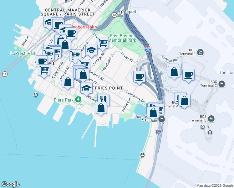 map of restaurants, bars, coffee shops, grocery stores, and more near 210 Everett Street in Boston