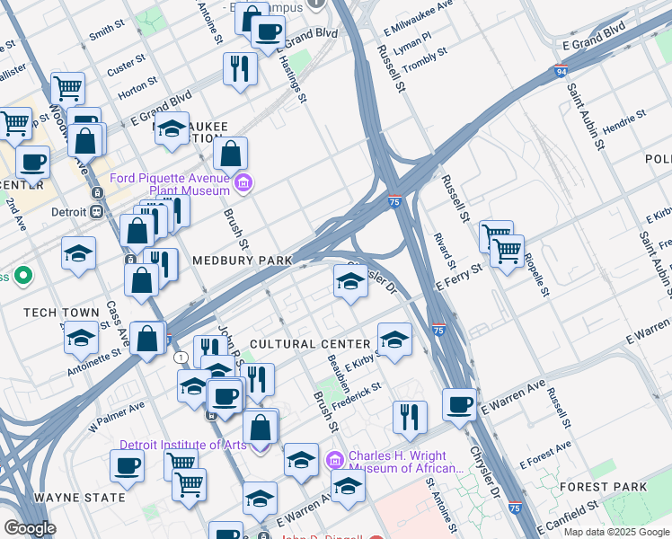 map of restaurants, bars, coffee shops, grocery stores, and more near 5770 Saint Antoine in Detroit