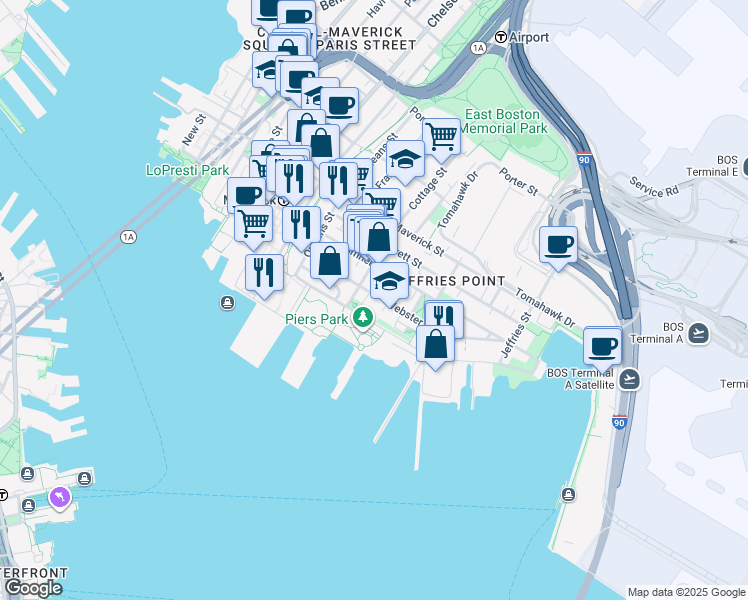 map of restaurants, bars, coffee shops, grocery stores, and more near 141 Webster Street in Boston