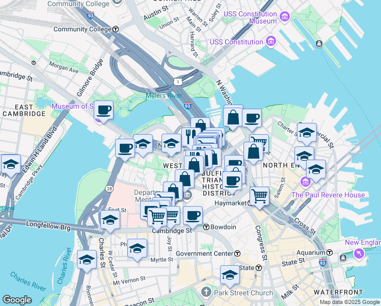 map of restaurants, bars, coffee shops, grocery stores, and more near in Boston