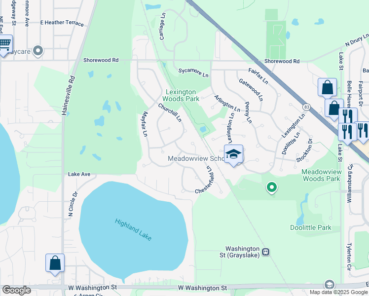 map of restaurants, bars, coffee shops, grocery stores, and more near 1341 Chesterfield Lane in Grayslake