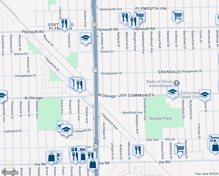 map of restaurants, bars, coffee shops, grocery stores, and more near 9556 Longacre Street in Detroit