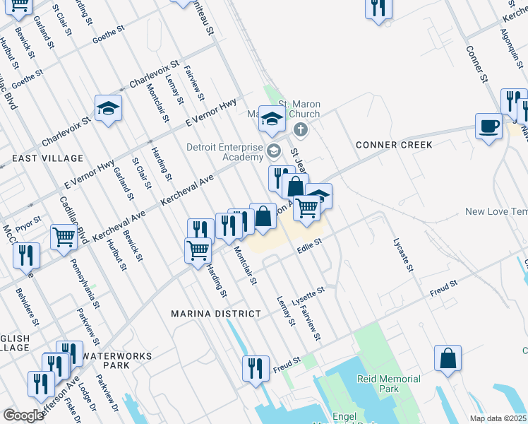 map of restaurants, bars, coffee shops, grocery stores, and more near 1525 Fairview Street in Detroit