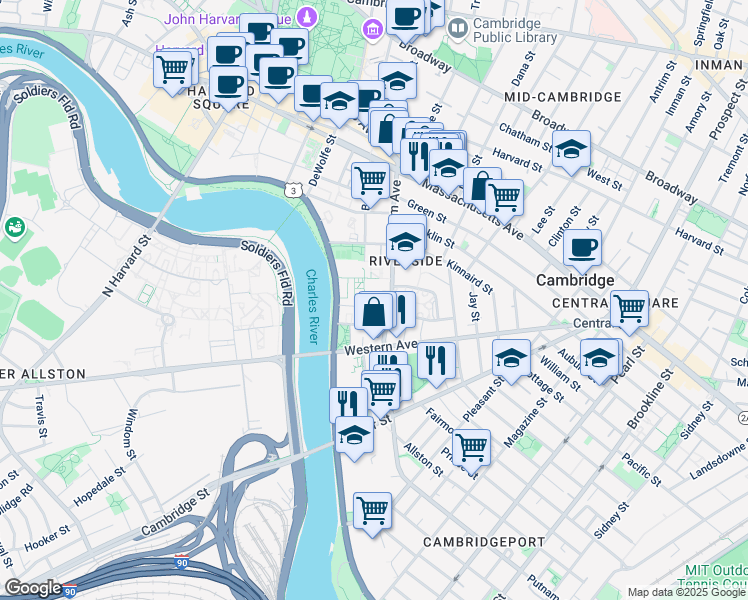 map of restaurants, bars, coffee shops, grocery stores, and more near 30 Peabody Terrace in Cambridge