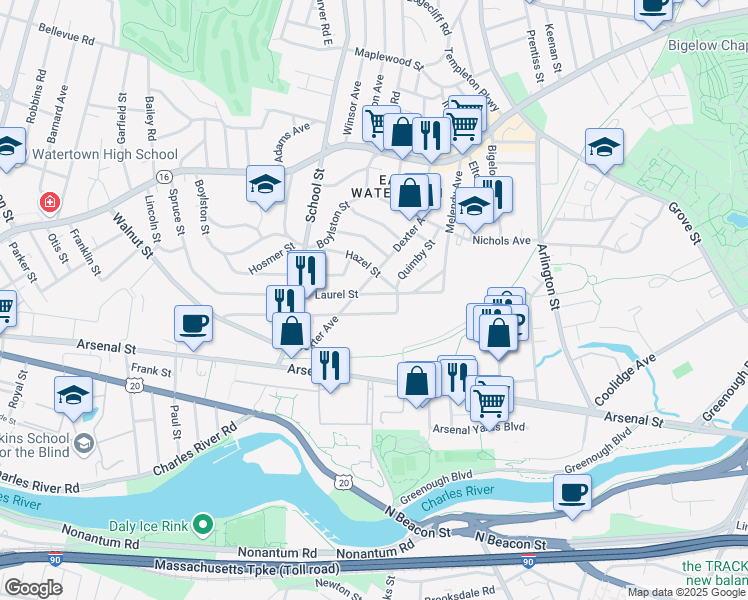 map of restaurants, bars, coffee shops, grocery stores, and more near 53 Laurel Street in Watertown