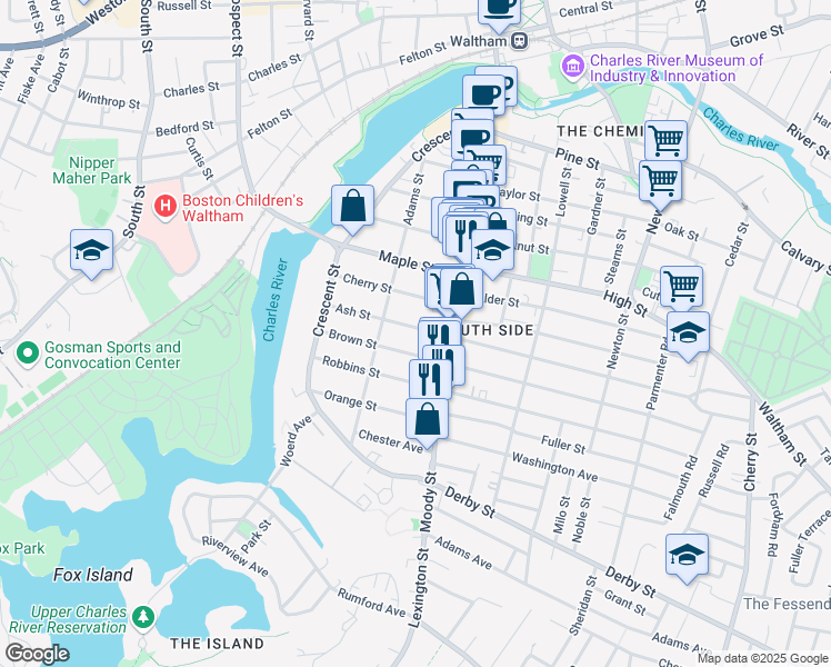 map of restaurants, bars, coffee shops, grocery stores, and more near 77 Ash Street in Waltham
