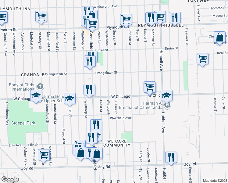 map of restaurants, bars, coffee shops, grocery stores, and more near 9531 Sussex Street in Detroit