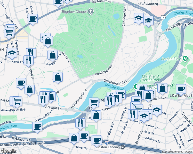 map of restaurants, bars, coffee shops, grocery stores, and more near 199 Coolidge Avenue in Watertown