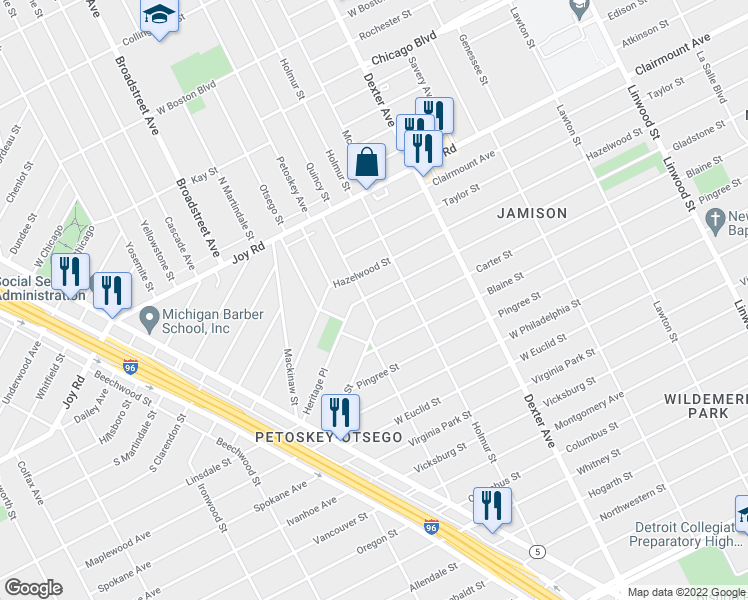 map of restaurants, bars, coffee shops, grocery stores, and more near 8794 Quincy Street in Detroit
