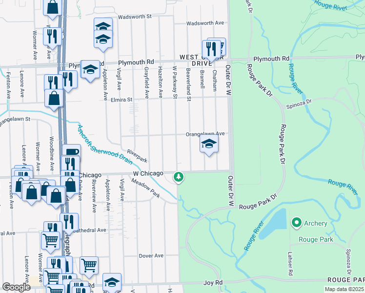map of restaurants, bars, coffee shops, grocery stores, and more near 9610 West Parkway Street in Redford Charter Township