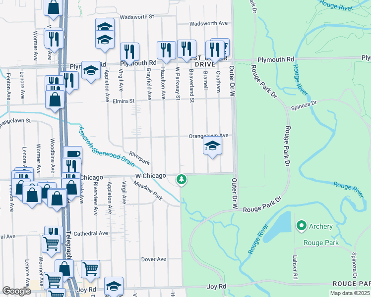 map of restaurants, bars, coffee shops, grocery stores, and more near 9610 West Parkway Street in Redford Charter Township