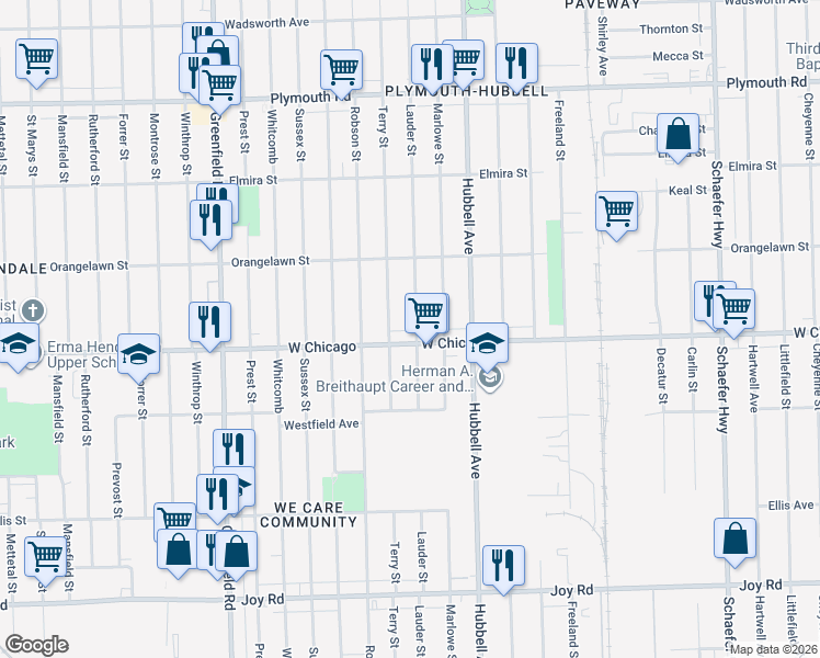 map of restaurants, bars, coffee shops, grocery stores, and more near 9529 Lauder Street in Detroit