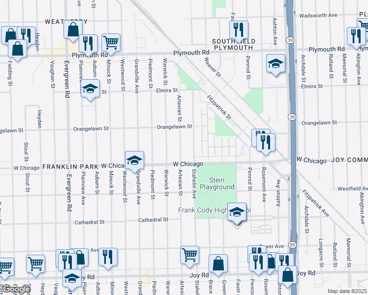 map of restaurants, bars, coffee shops, grocery stores, and more near 9566 Artesian Street in Detroit