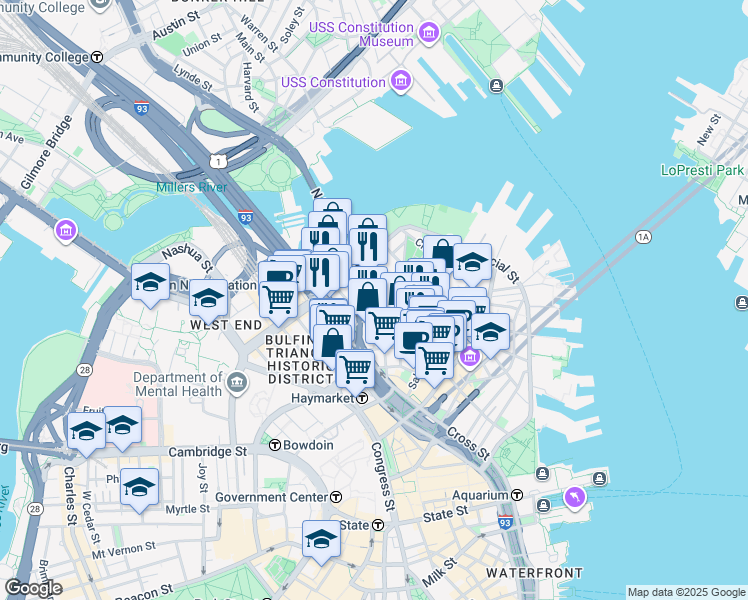 map of restaurants, bars, coffee shops, grocery stores, and more near 7 Endicott Court in Boston