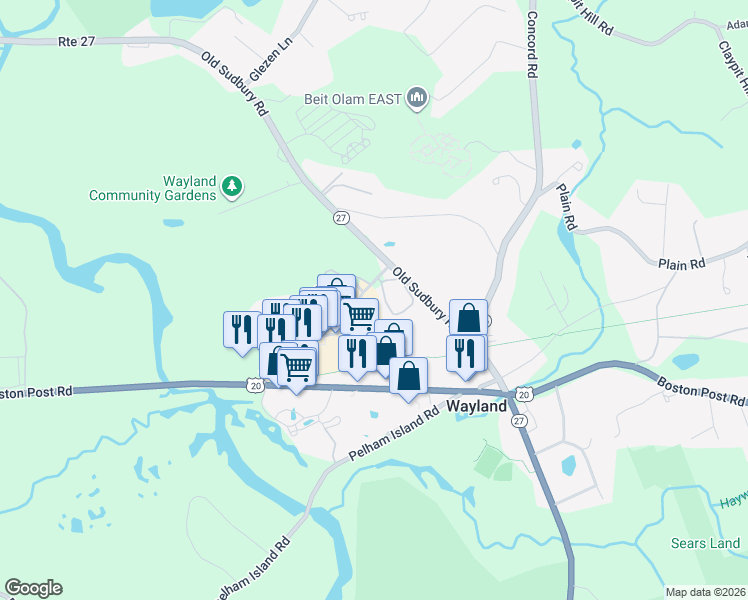 map of restaurants, bars, coffee shops, grocery stores, and more near 400 Boston Post Road in Wayland