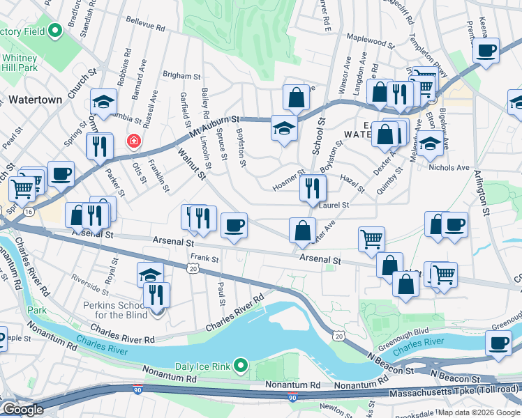 map of restaurants, bars, coffee shops, grocery stores, and more near 129 Spruce Street in Watertown