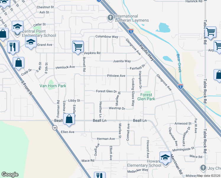 map of restaurants, bars, coffee shops, grocery stores, and more near 879 Forest Glen Drive in Central Point