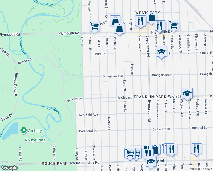map of restaurants, bars, coffee shops, grocery stores, and more near 9591 Patton St in Detroit
