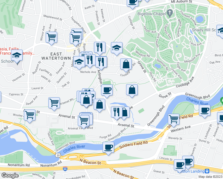map of restaurants, bars, coffee shops, grocery stores, and more near 28 Berkeley Street in Watertown