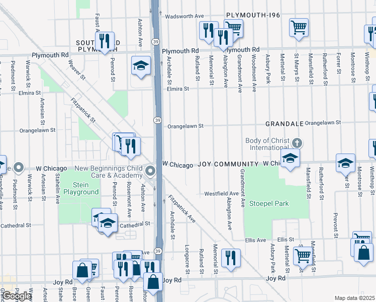 map of restaurants, bars, coffee shops, grocery stores, and more near 9556 Longacre Street in Detroit