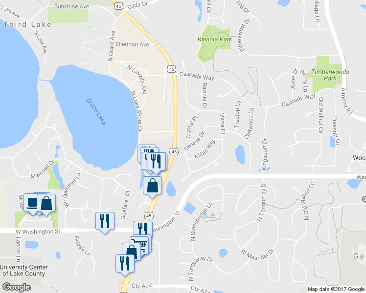 map of restaurants, bars, coffee shops, grocery stores, and more near 7796 Geneva Drive in Gurnee