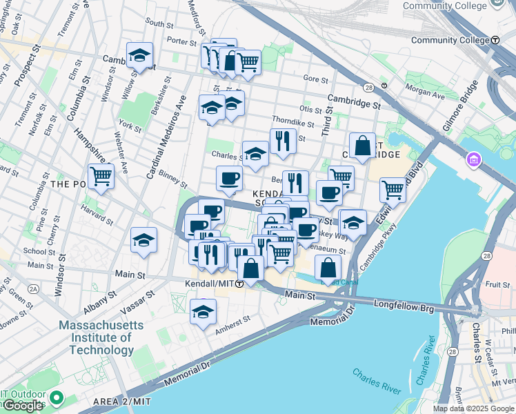 map of restaurants, bars, coffee shops, grocery stores, and more near Binney St & 5th St in Mid-Cambridge