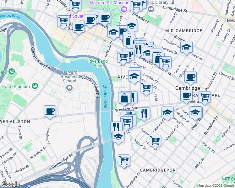 map of restaurants, bars, coffee shops, grocery stores, and more near 31 Peabody Terrace in Cambridge