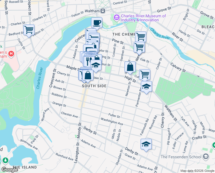 map of restaurants, bars, coffee shops, grocery stores, and more near 67 Myrtle Street in Waltham