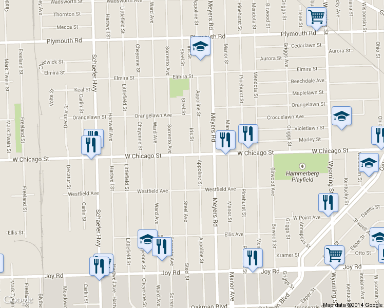 map of restaurants, bars, coffee shops, grocery stores, and more near 12911 West Chicago in Detroit