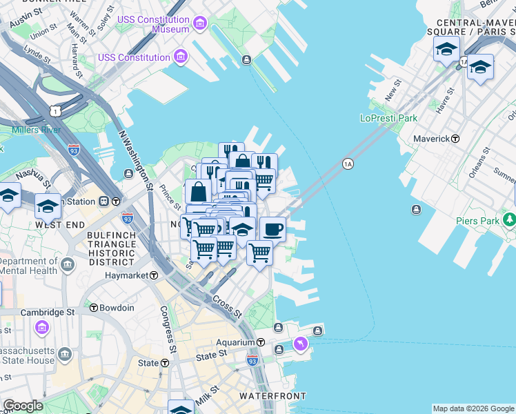 map of restaurants, bars, coffee shops, grocery stores, and more near 7 Powers Court in Boston