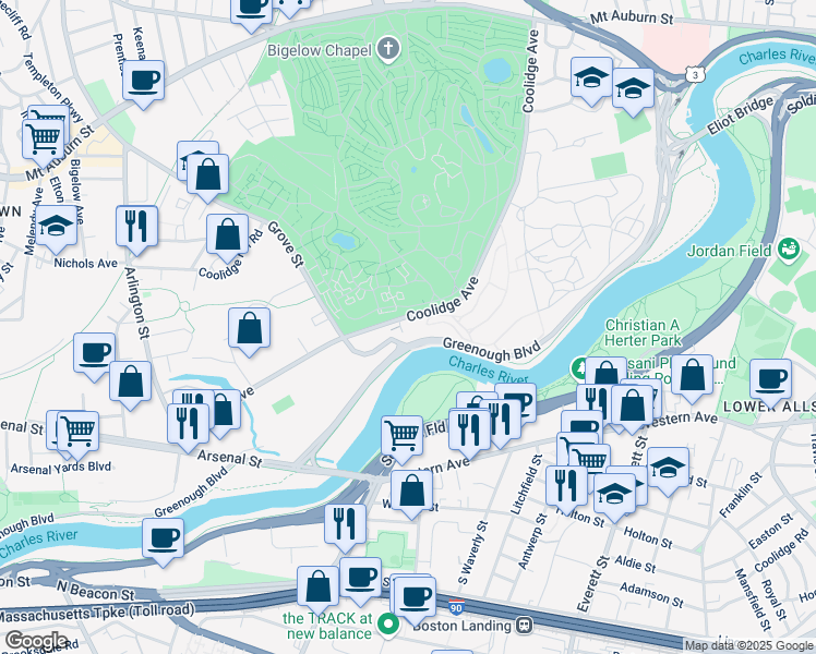 map of restaurants, bars, coffee shops, grocery stores, and more near 225 Coolidge Avenue in Watertown