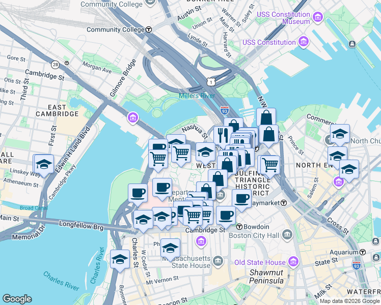 map of restaurants, bars, coffee shops, grocery stores, and more near Martha Road in Boston