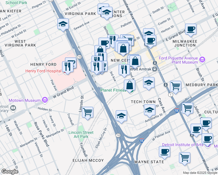 map of restaurants, bars, coffee shops, grocery stores, and more near 860 West Baltimore Street in Detroit