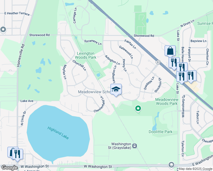 map of restaurants, bars, coffee shops, grocery stores, and more near 1357 Lily Court in Grayslake