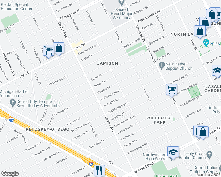 map of restaurants, bars, coffee shops, grocery stores, and more near 3265 Pingree Street in Detroit
